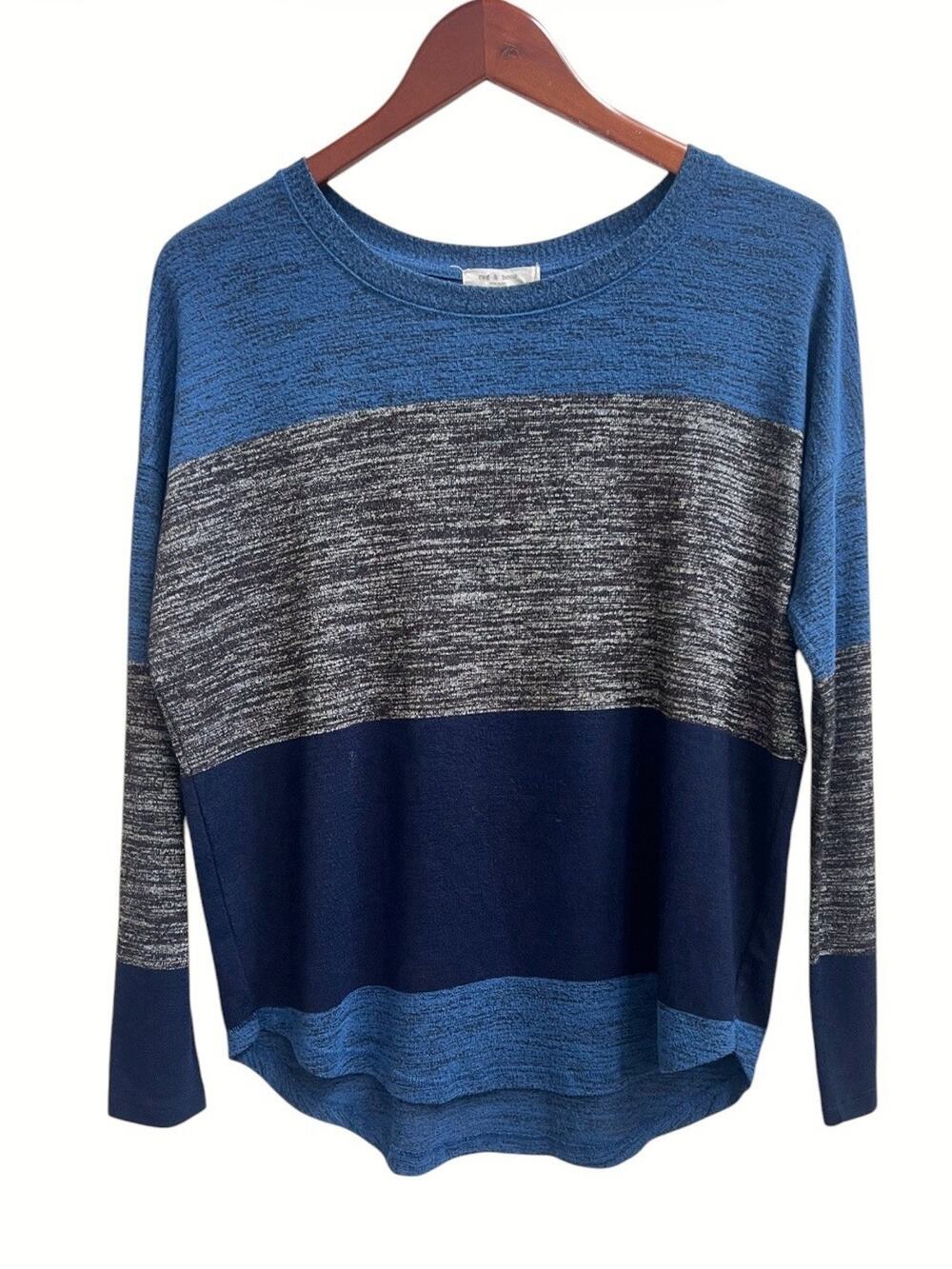 Rag & Bone Hudson Long Slv Knit Tee Sweater Blue Gray Colorblock Top Sz S